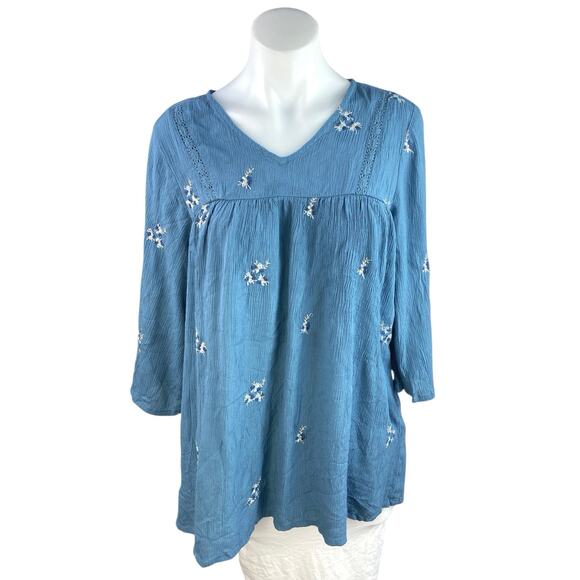 Max Blue Floral Embroidered Crochet Half Sleeve V Neck Babydoll Blouse Top Sz M - Picture 1 of 5